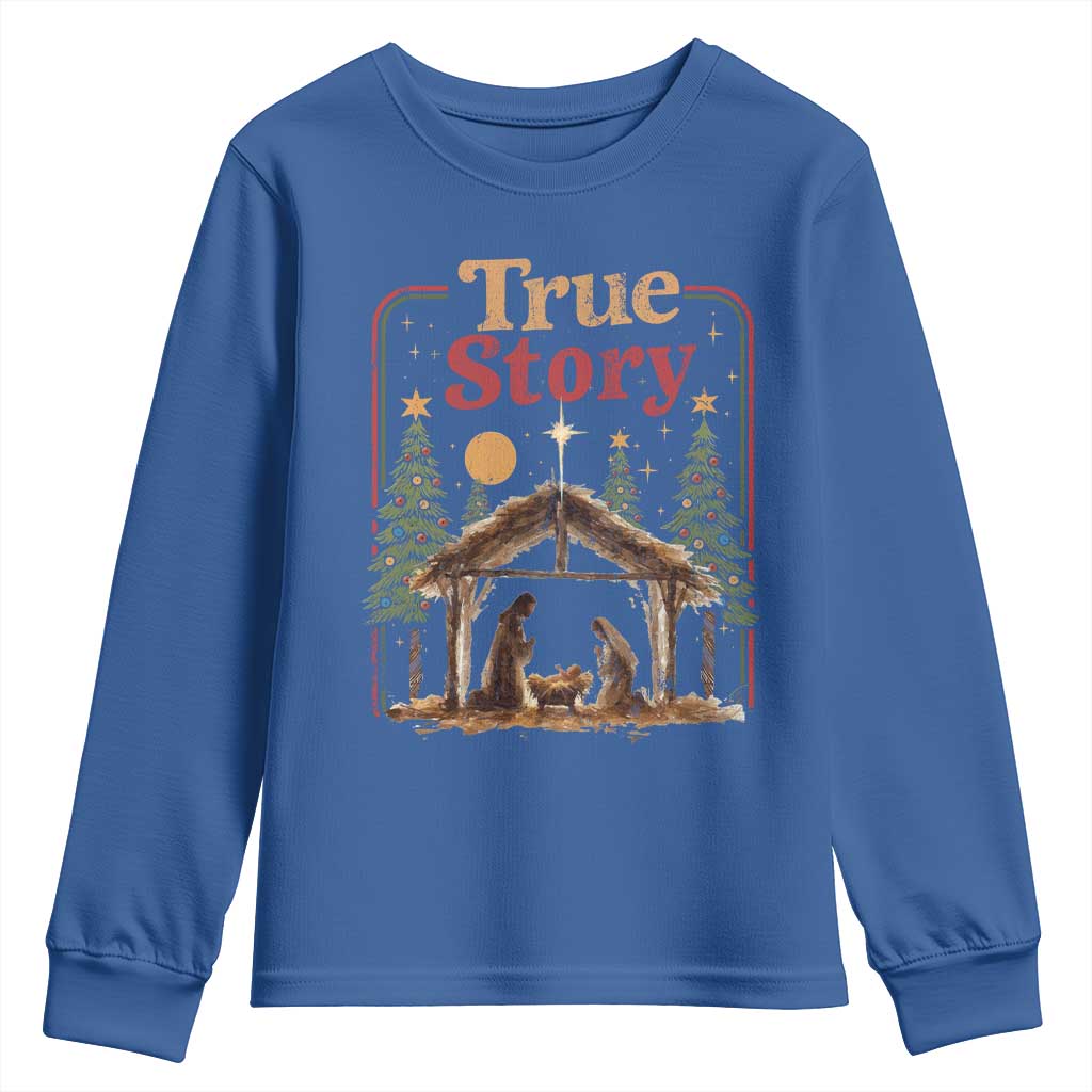 Vintage Nativity Scene Youth Sweatshirt Christian Christmas True Story Jesus Birth TS10 Royal Blue Print Your Wear