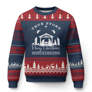 True Story Merry Xmas Ugly Christmas Sweater Christian Xmas True Story Jesus Birth TS10 Navy Red Print Your Wear