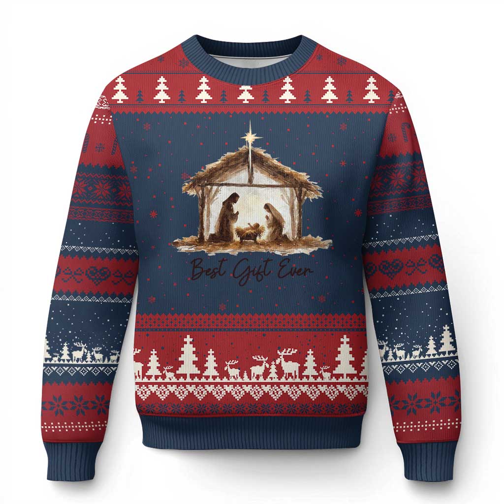 Nativity Scene Ugly Christmas Sweater Christian Xmas Jesus Best Gift Ever TS10 Navy Red Print Your Wear