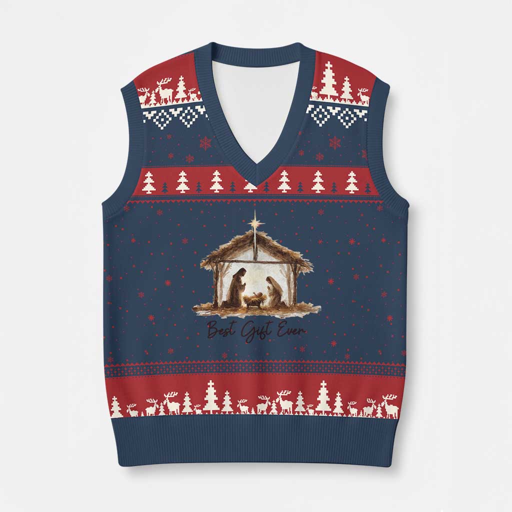 Nativity Scene V-Neck Knit Sweater Vest Christian Xmas Jesus Best Gift Ever TS10 Navy Red Print Your Wear