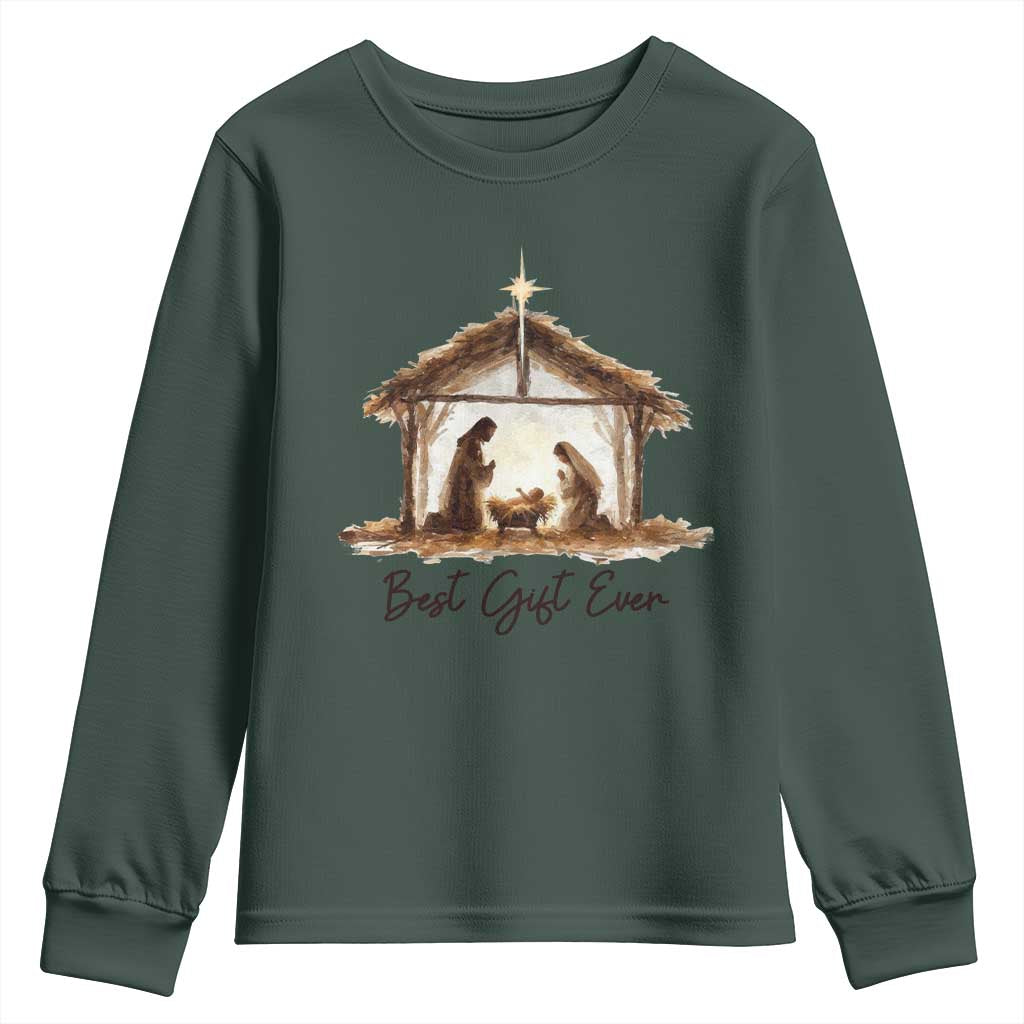 Nativity Scene Youth Sweatshirt Christian Christmas Jesus Best Gift Ever TS10 Dark Forest Green Print Your Wear