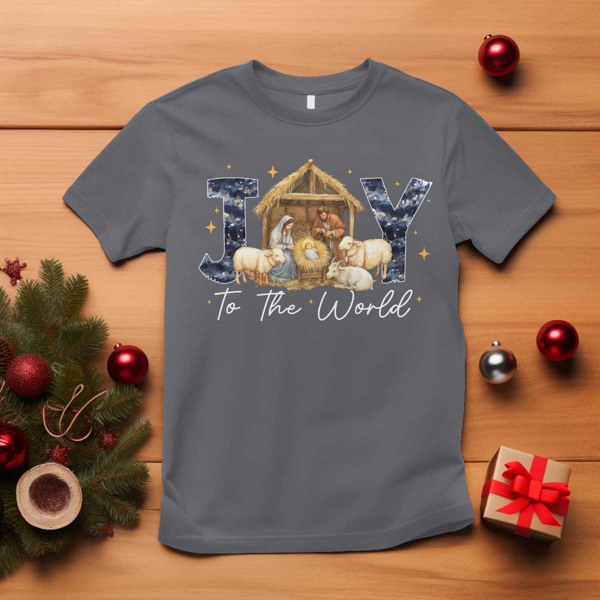 Nativity Scene T Shirt Christian Christmas Jesus Joy To The World TS10 Charcoal Print Your Wear