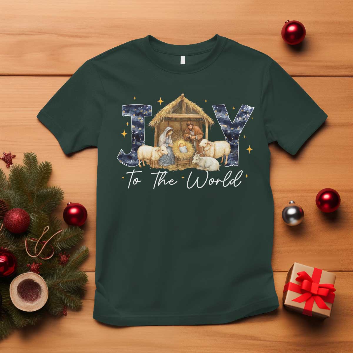 Nativity Scene T Shirt Christian Christmas Jesus Joy To The World TS10 Dark Forest Green Print Your Wear