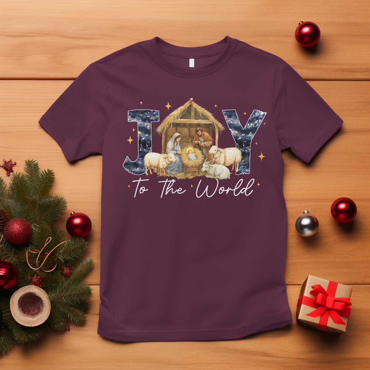 Nativity Scene T Shirt Christian Christmas Jesus Joy To The World TS10 Maroon Print Your Wear