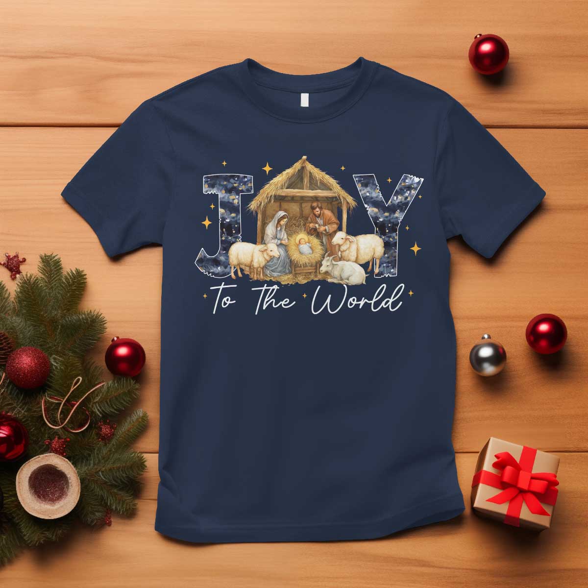 Nativity Scene T Shirt Christian Christmas Jesus Joy To The World TS10 Navy Print Your Wear