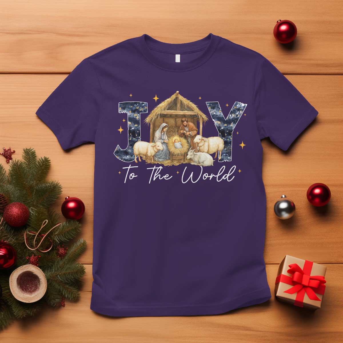 Nativity Scene T Shirt Christian Christmas Jesus Joy To The World TS10 Purple Print Your Wear