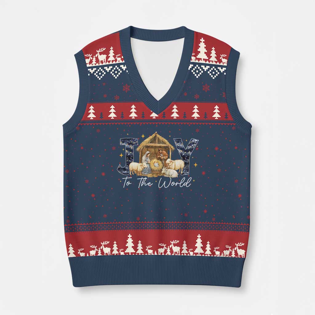 Nativity Scene V-Neck Knit Sweater Vest Christian Xmas Jesus Joy To The World TS10 Navy Red Print Your Wear