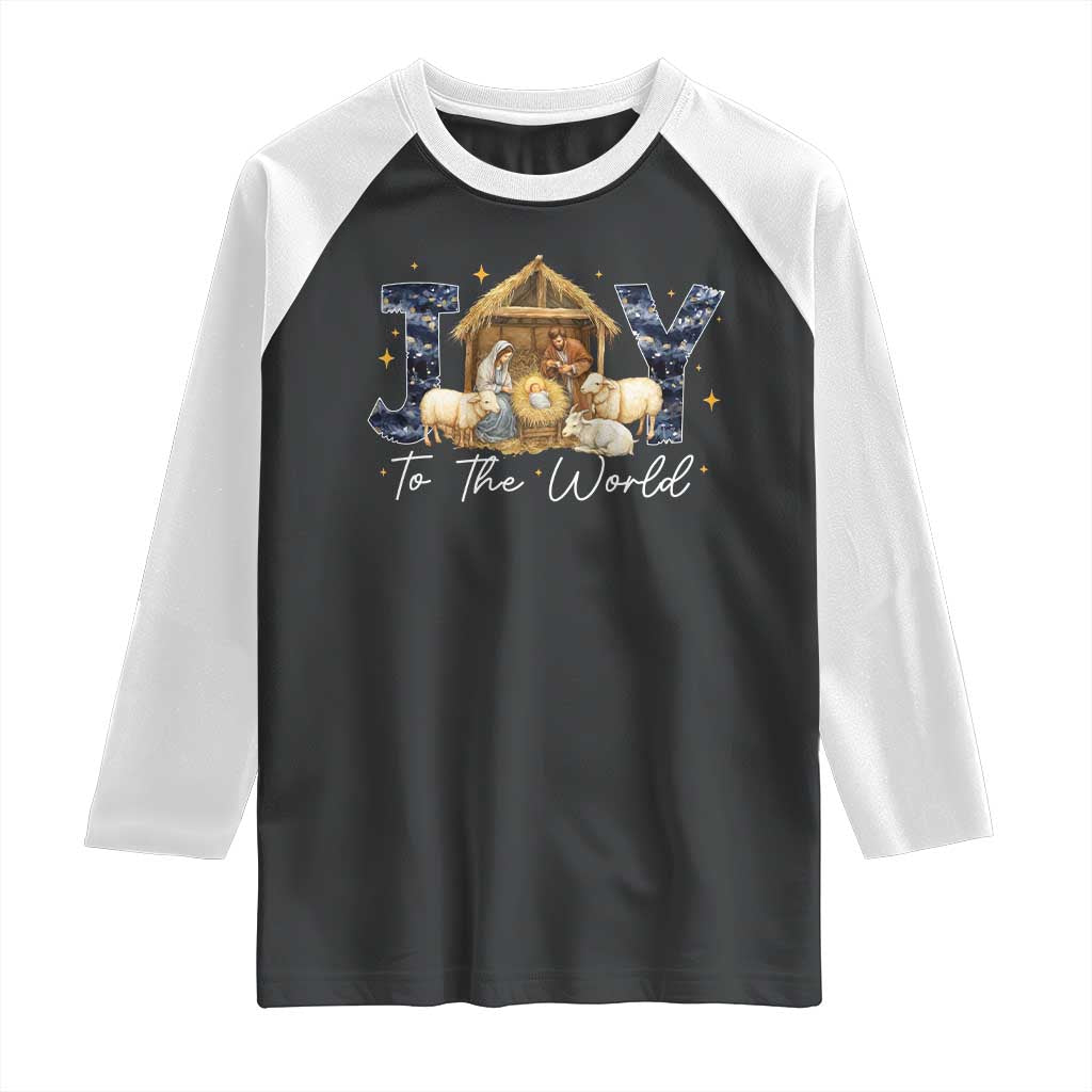 Nativity Scene Raglan Shirt Christian Christmas Jesus Joy To The World TS10 Black White Print Your Wear