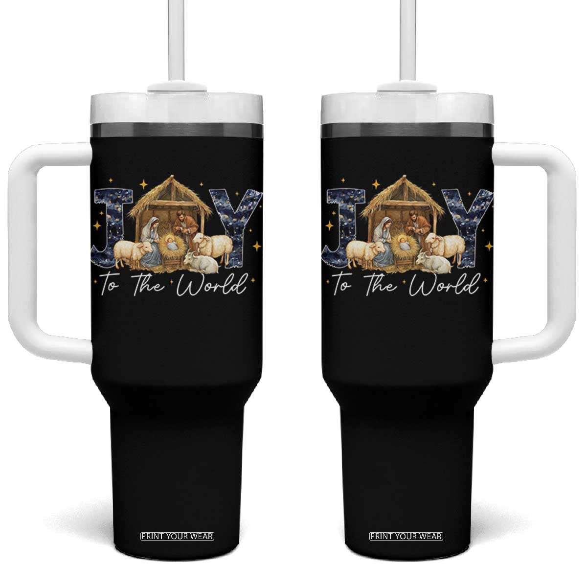 Nativity Scene Tumbler With Handle Christian Christmas Jesus Joy To The World TS10 One Size: 40 oz Black Print Your Wear