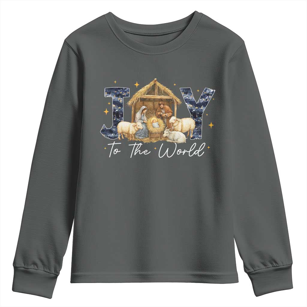 Nativity Scene Youth Sweatshirt Christian Christmas Jesus Joy To The World TS10 Dark Heather Print Your Wear