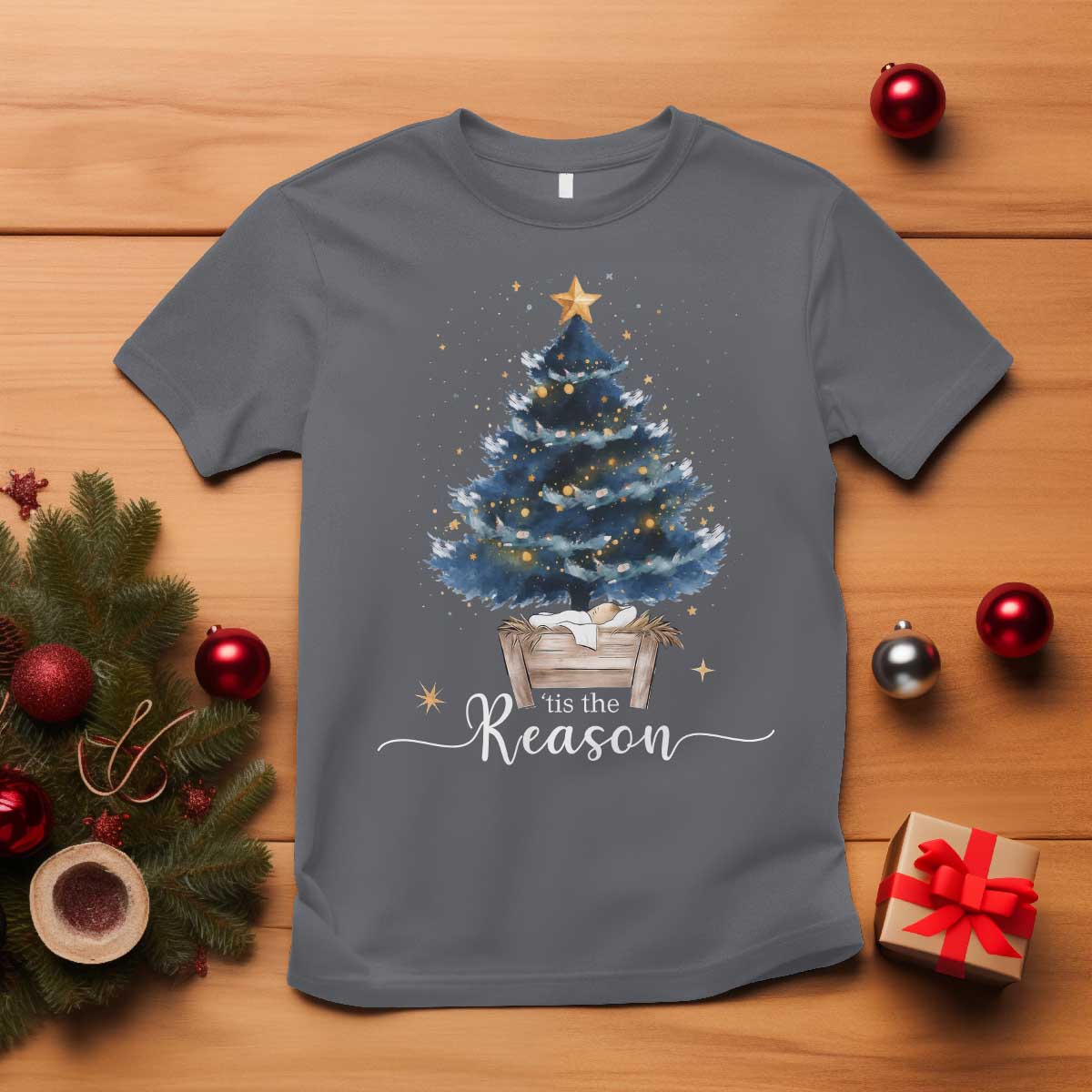 Nativity Scene T Shirt Jesus Reason Tis The Season Christian Christmas Tree TS10 Charcoal Print Your Wear
