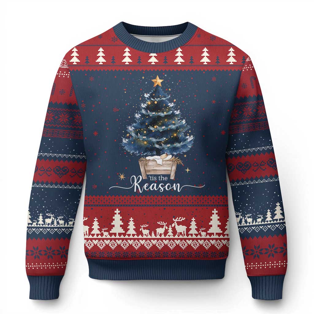 Nativity Scene Ugly Christmas Sweater Jesus Reason Tis The Season Christian Xmas Tree TS10 Navy Red Print Your Wear