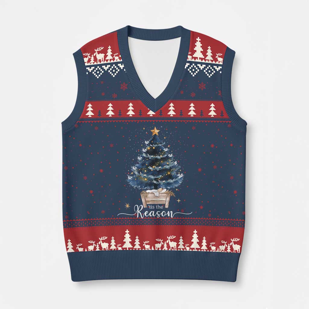 Nativity Scene V-Neck Knit Sweater Vest Jesus Reason Tis The Season Christian Xmas Tree TS10 Navy Red Print Your Wear