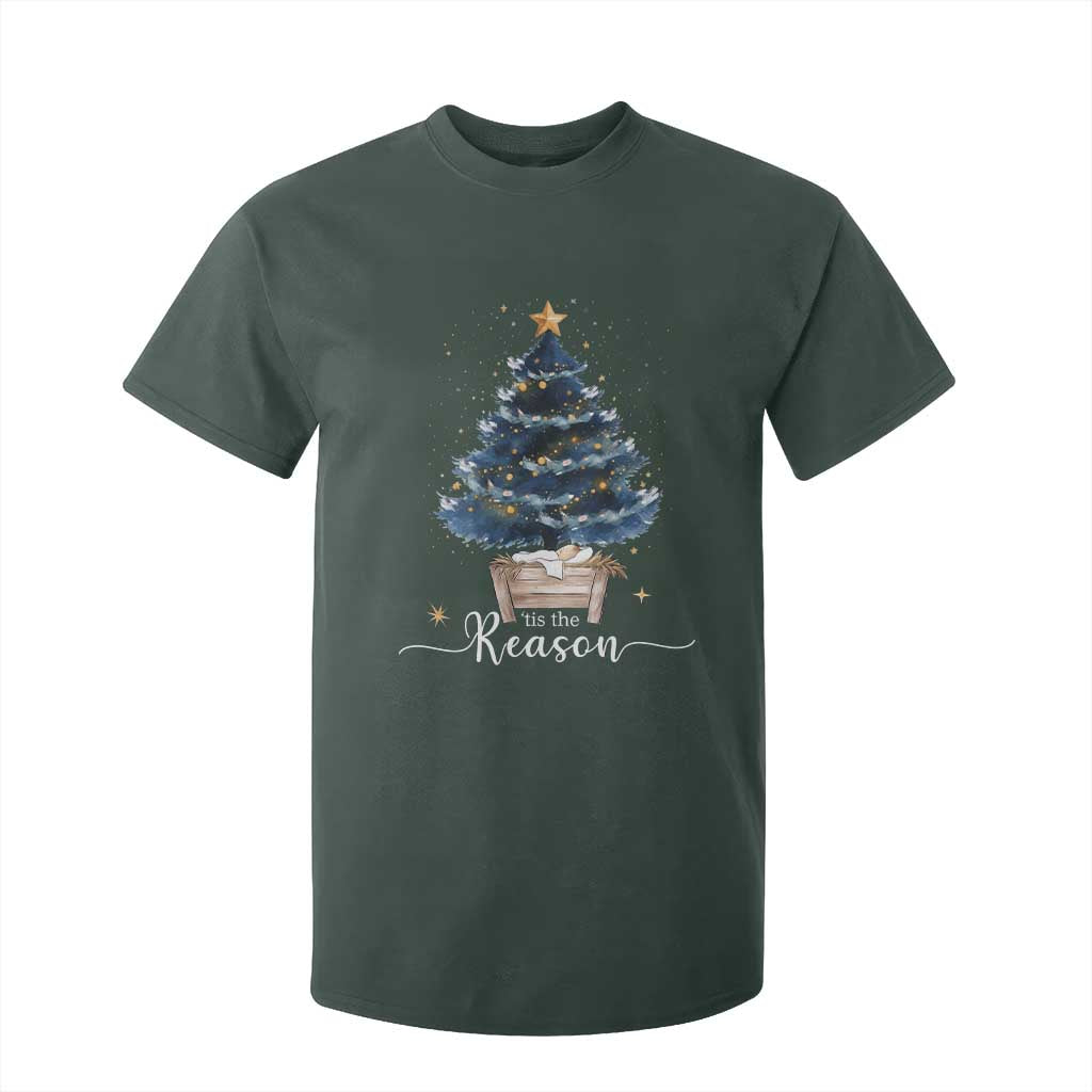 Nativity Scene T Shirt For Kid Jesus Reason Tis The Season Christian Christmas Tree TS10 Dark Forest Green Print Your Wear