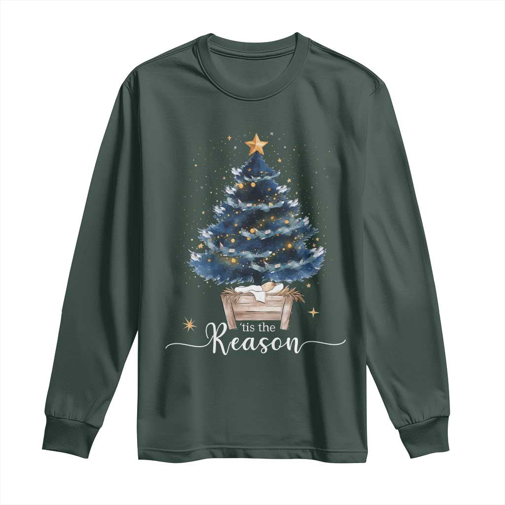 Nativity Scene Long Sleeve Shirt Jesus Reason Tis The Season Christian Christmas Tree TS10 Dark Forest Green Print Your Wear