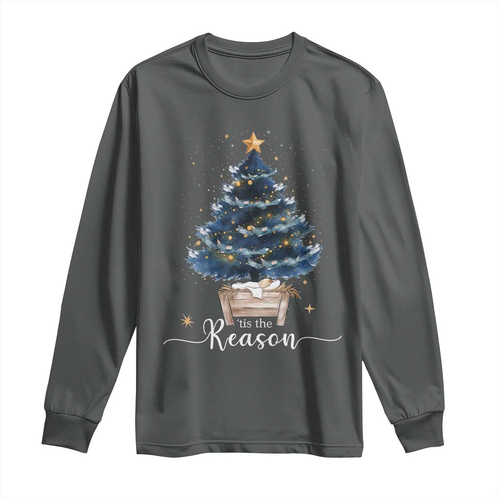 Nativity Scene Long Sleeve Shirt Jesus Reason Tis The Season Christian Christmas Tree TS10 Dark Heather Print Your Wear