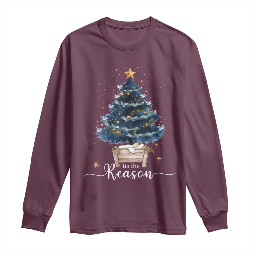 Nativity Scene Long Sleeve Shirt Jesus Reason Tis The Season Christian Christmas Tree TS10 Maroon Print Your Wear
