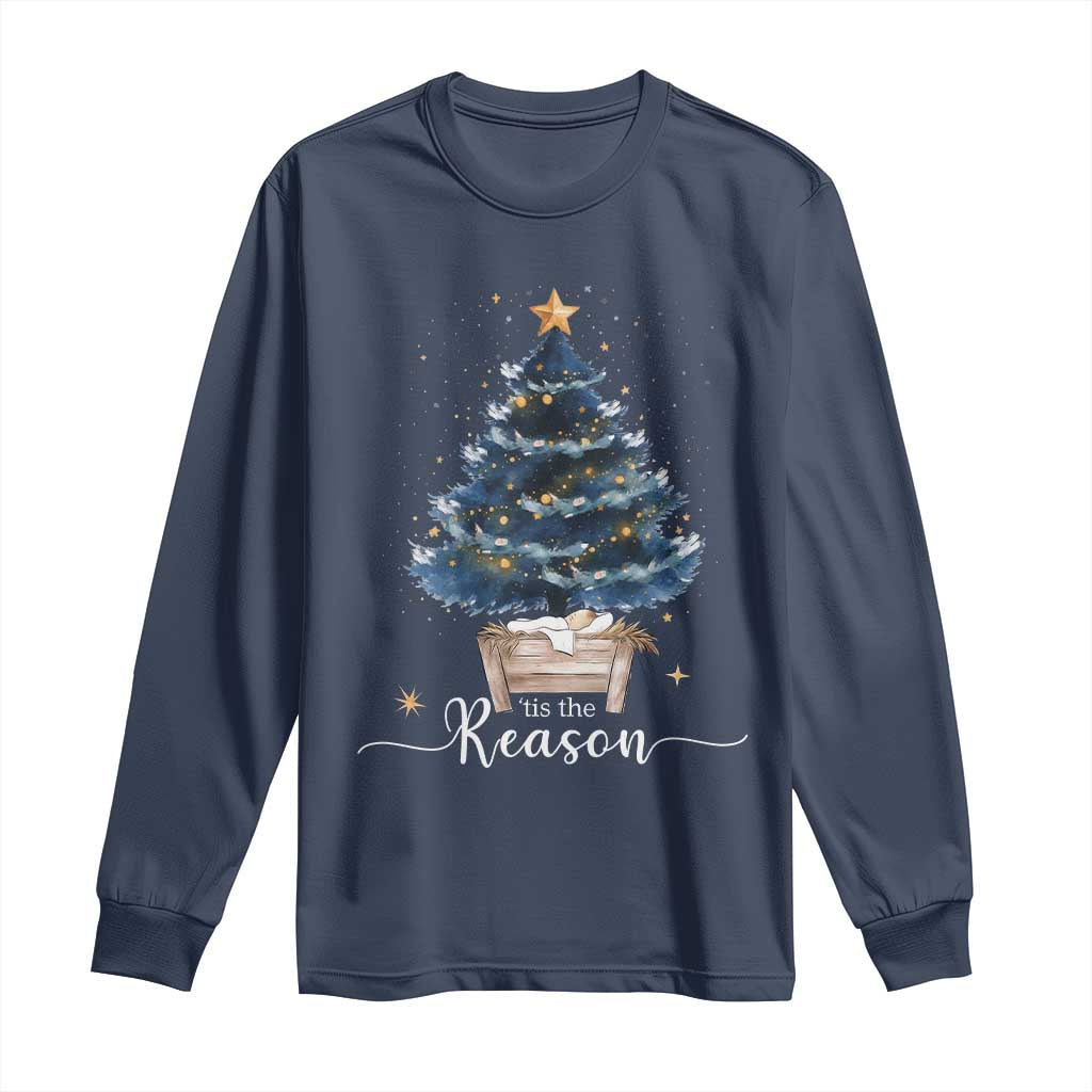 Nativity Scene Long Sleeve Shirt Jesus Reason Tis The Season Christian Christmas Tree TS10 Navy Print Your Wear