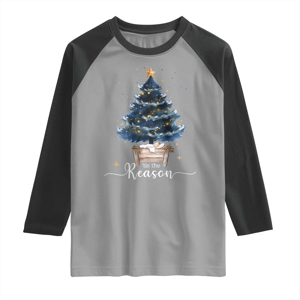 Nativity Scene Raglan Shirt Jesus Reason Tis The Season Christian Christmas Tree TS10 Sport Gray Black Print Your Wear