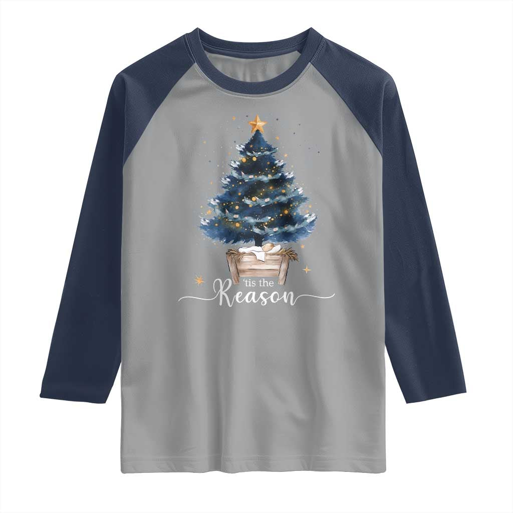 Nativity Scene Raglan Shirt Jesus Reason Tis The Season Christian Christmas Tree TS10 Sport Gray Navy Print Your Wear