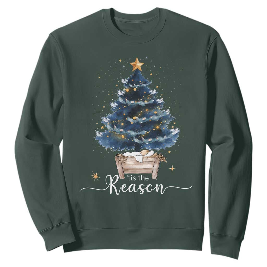 Nativity Scene Sweatshirt Jesus Reason Tis The Season Christian Christmas Tree TS10 Dark Forest Green Print Your Wear