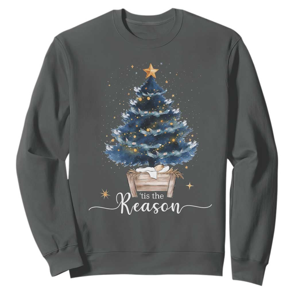Nativity Scene Sweatshirt Jesus Reason Tis The Season Christian Christmas Tree TS10 Dark Heather Print Your Wear