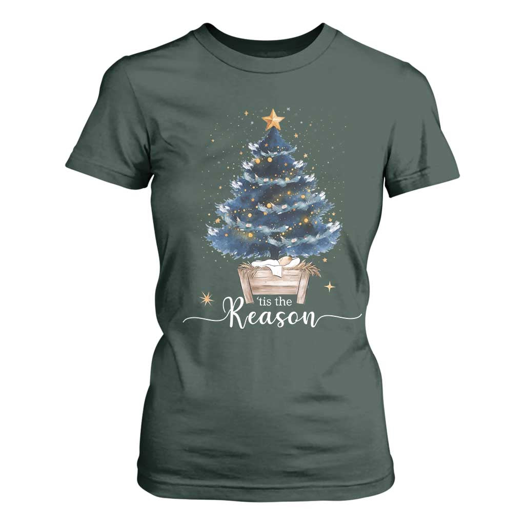 Nativity Scene T Shirt For Women Jesus Reason Tis The Season Christian Christmas Tree TS10 Dark Forest Green Print Your Wear