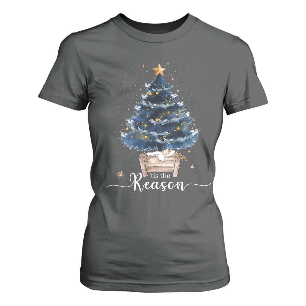 Nativity Scene T Shirt For Women Jesus Reason Tis The Season Christian Christmas Tree TS10 Dark Heather Print Your Wear