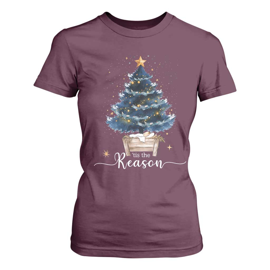 Nativity Scene T Shirt For Women Jesus Reason Tis The Season Christian Christmas Tree TS10 Maroon Print Your Wear