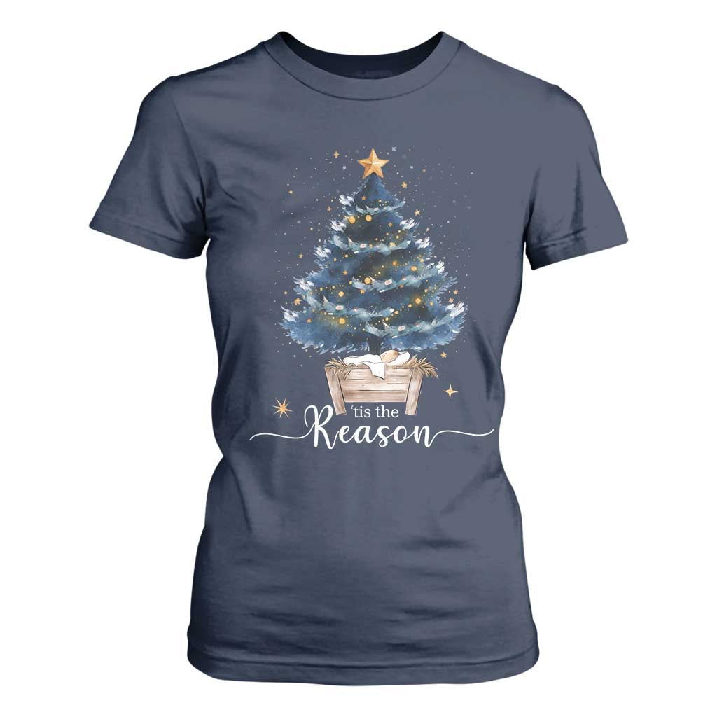 Nativity Scene T Shirt For Women Jesus Reason Tis The Season Christian Christmas Tree TS10 Navy Print Your Wear