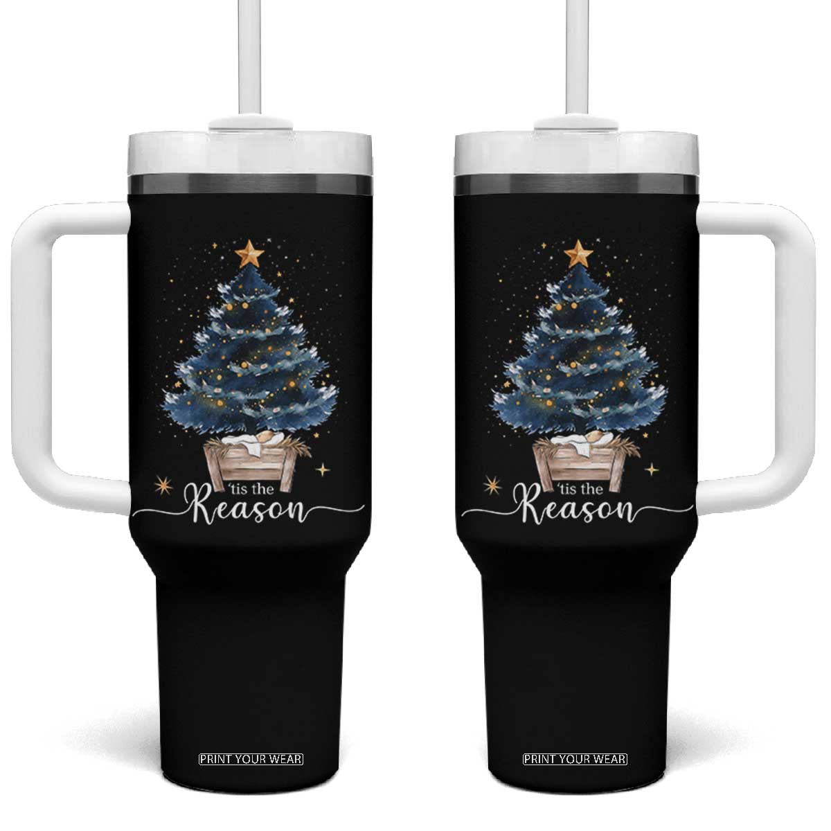 Nativity Scene Tumbler With Handle Jesus Reason Tis The Season Christian Christmas Tree TS10 One Size: 40 oz Black Print Your Wear