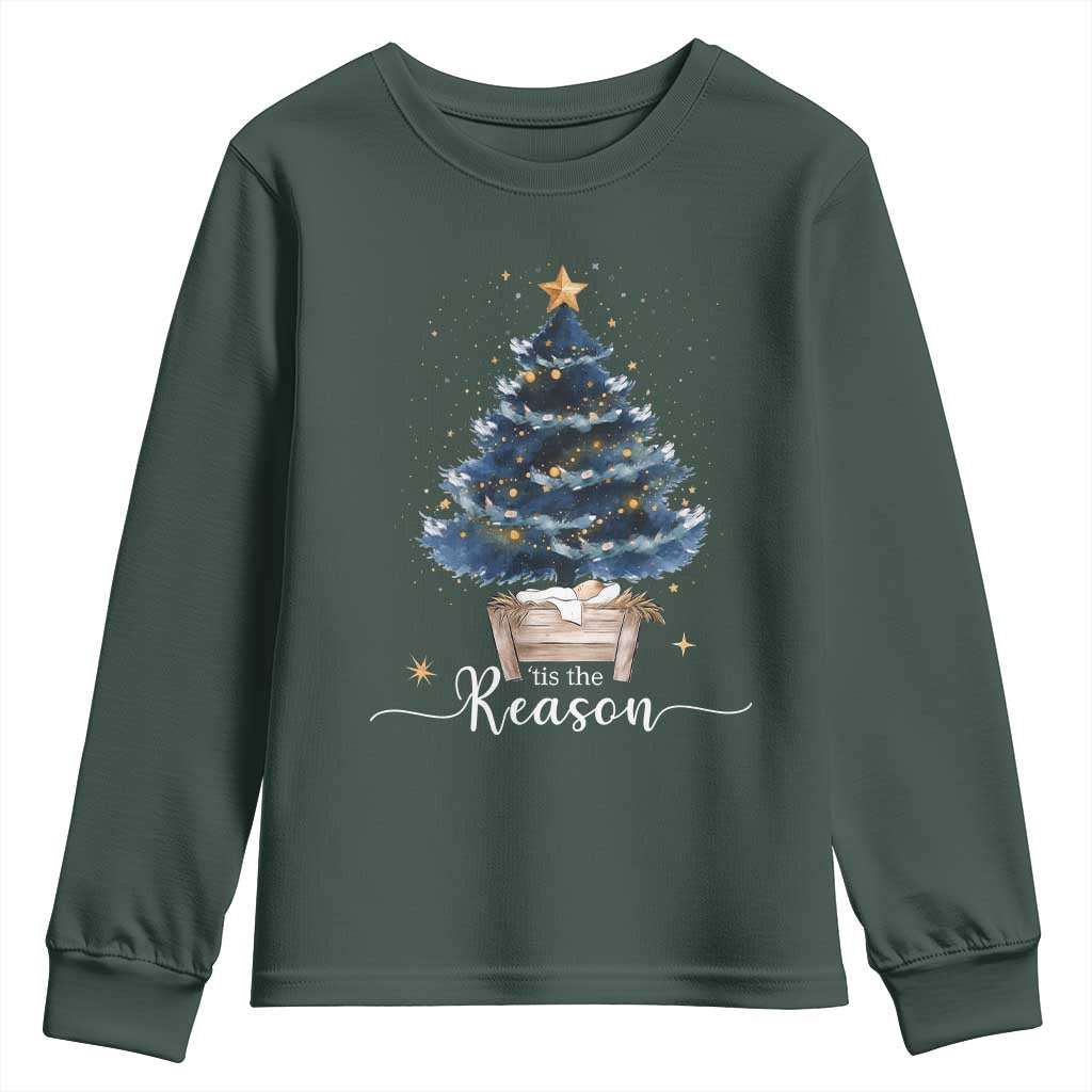 Nativity Scene Youth Sweatshirt Jesus Reason Tis The Season Christian Christmas Tree TS10 Dark Forest Green Print Your Wear