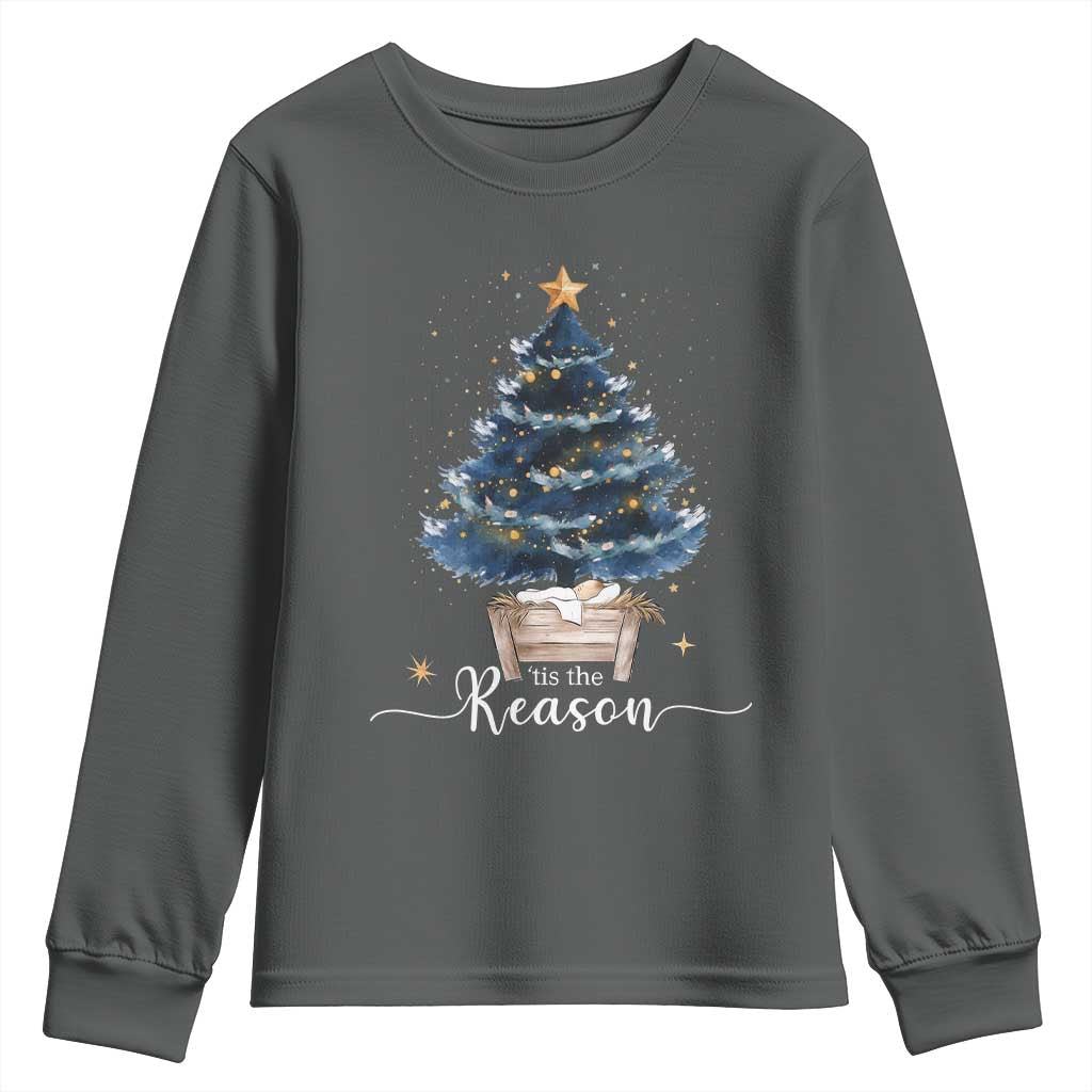 Nativity Scene Youth Sweatshirt Jesus Reason Tis The Season Christian Christmas Tree TS10 Dark Heather Print Your Wear