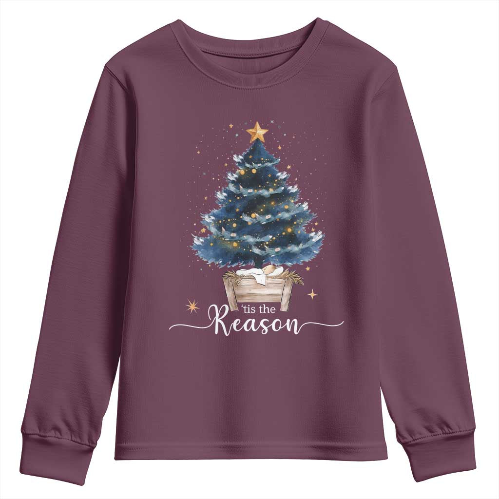 Nativity Scene Youth Sweatshirt Jesus Reason Tis The Season Christian Christmas Tree TS10 Maroon Print Your Wear
