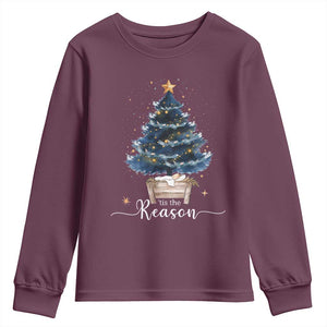 Nativity Scene Youth Sweatshirt Jesus Reason Tis The Season Christian Christmas Tree TS10 Maroon Print Your Wear