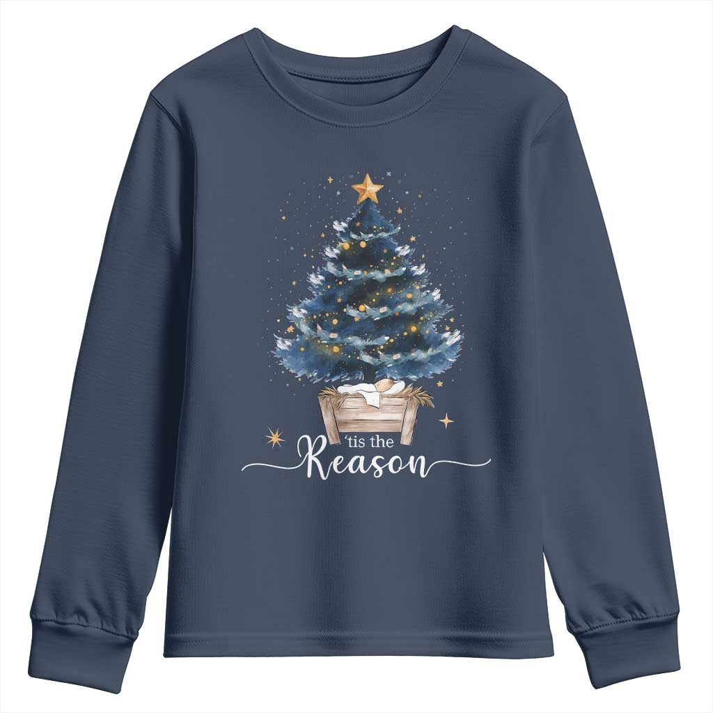 Nativity Scene Youth Sweatshirt Jesus Reason Tis The Season Christian Christmas Tree TS10 Navy Print Your Wear