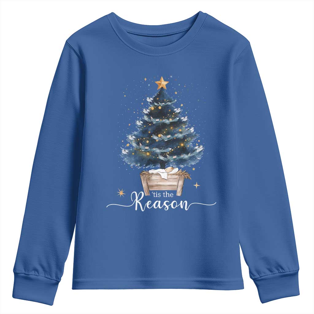 Nativity Scene Youth Sweatshirt Jesus Reason Tis The Season Christian Christmas Tree TS10 Royal Blue Print Your Wear