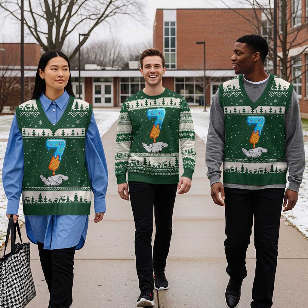 Funny 67 Six Seven Meme Couple Matching V-Neck Knit Sweater Vest Number 7 Baseball Ice Cream Drip TS10 Forest Green Beige Print Your Wear