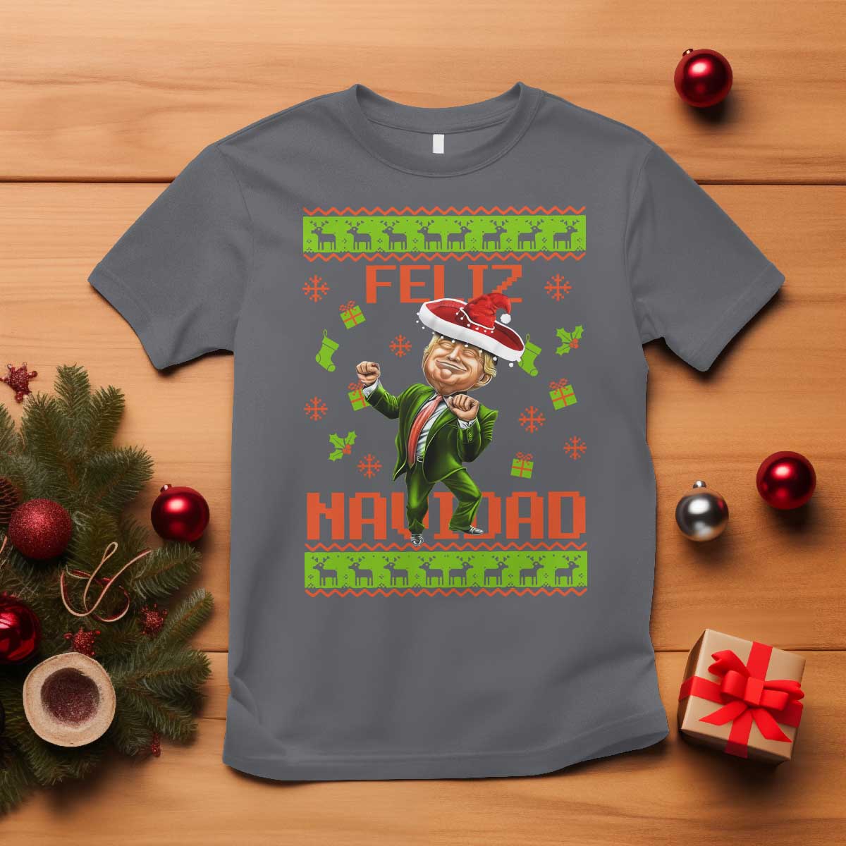 Funny Christmas Trump T Shirt Feliz Navidad Ugly Christmas Sweater Dancing Trump TS10 Charcoal Print Your Wear