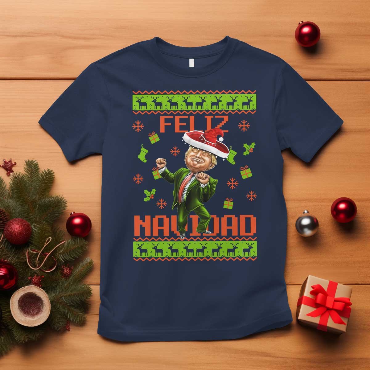 Funny Christmas Trump T Shirt Feliz Navidad Ugly Christmas Sweater Dancing Trump TS10 Navy Print Your Wear