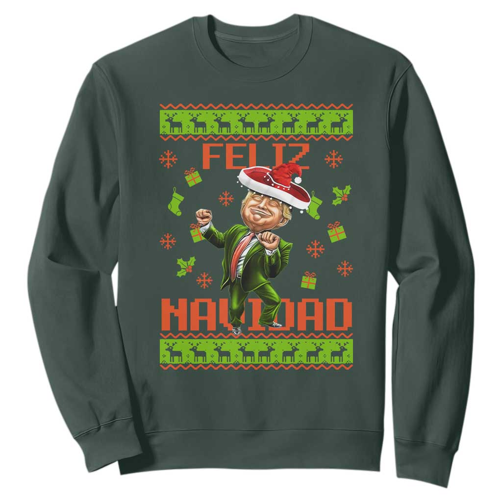 Funny Christmas Trump Sweatshirt Feliz Navidad Ugly Christmas Sweater Dancing Trump TS10 Dark Forest Green Print Your Wear