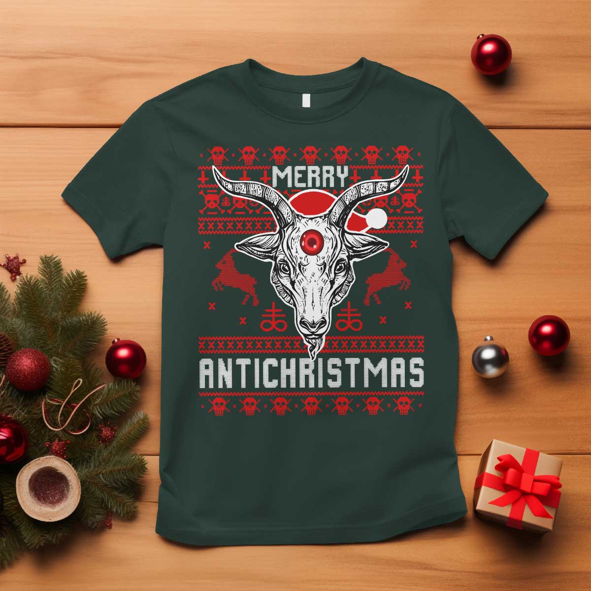 Satan Claus Merry Antichristmas T Shirt Pentagram Ugly Christmas Sweater Evil Pajama TS10 Dark Forest Green Print Your Wear