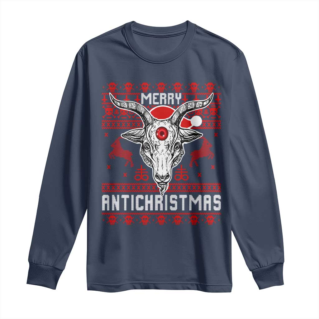 Satan Claus Merry Antichristmas Long Sleeve Shirt Pentagram Ugly Christmas Sweater Evil Pajama TS10 Navy Print Your Wear
