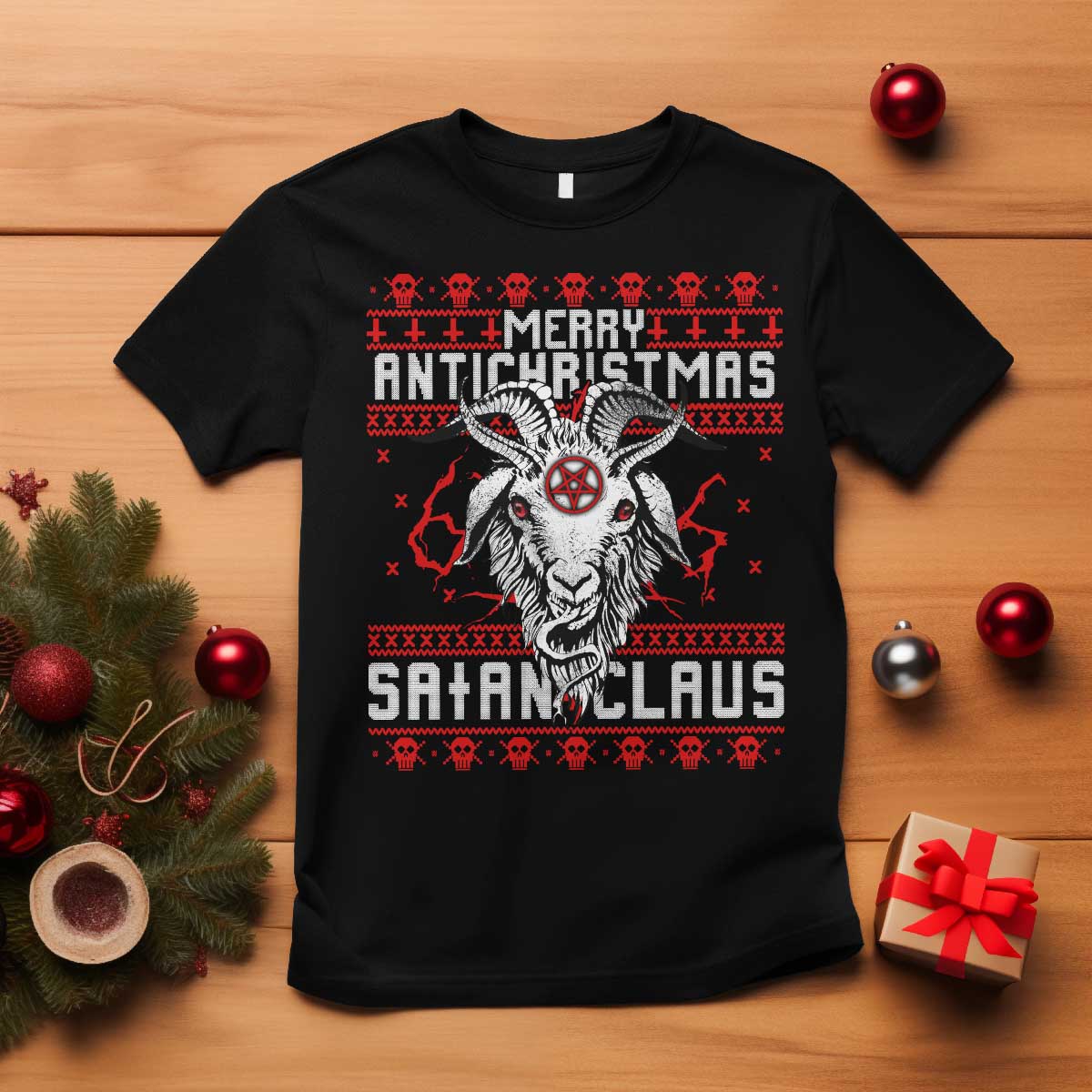 Satan Claus Merry Antichristmas T Shirt Goth Ugly Christmas Sweater Pentagram Evil Pajama TS10 Black Print Your Wear