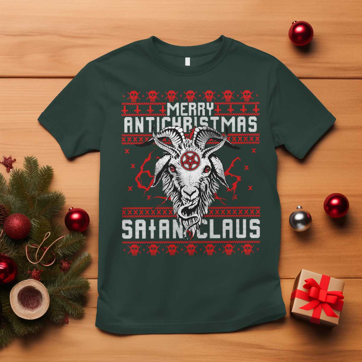 Satan Claus Merry Antichristmas T Shirt Goth Ugly Christmas Sweater Pentagram Evil Pajama TS10 Dark Forest Green Print Your Wear
