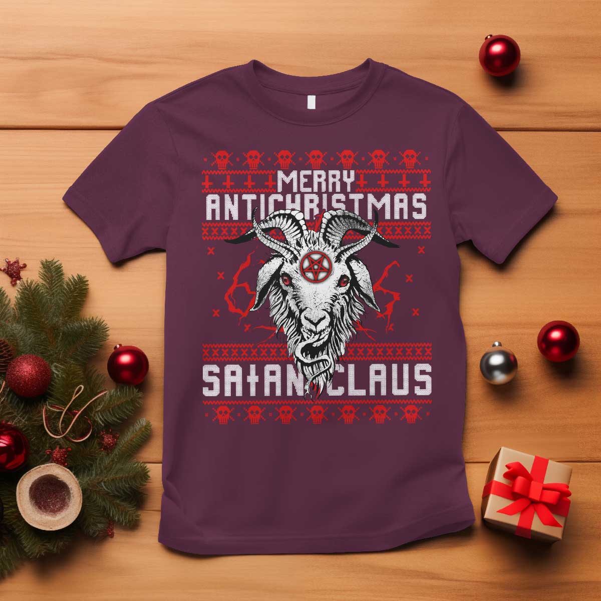 Satan Claus Merry Antichristmas T Shirt Goth Ugly Christmas Sweater Pentagram Evil Pajama TS10 Maroon Print Your Wear