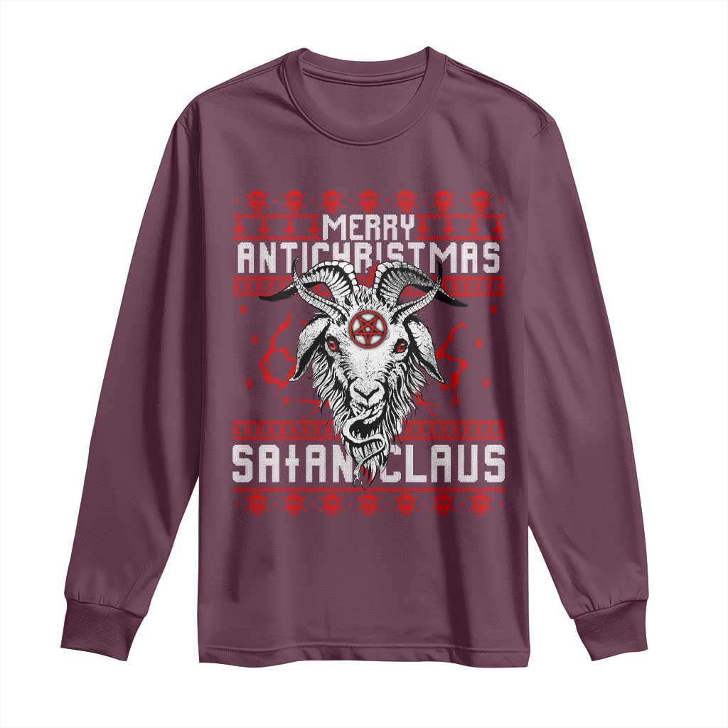 Satan Claus Merry Antichristmas Long Sleeve Shirt Goth Ugly Christmas Sweater Pentagram Evil Pajama TS10 Maroon Print Your Wear