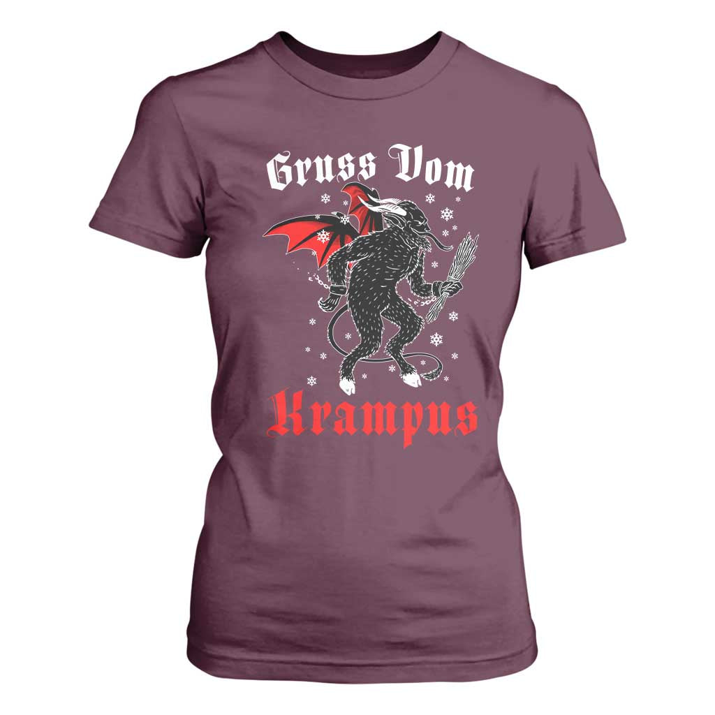 Christmas Krampus T Shirt For Women Scary Horror Goth Xmas Gruss Von Krampus TS10 Maroon Print Your Wear