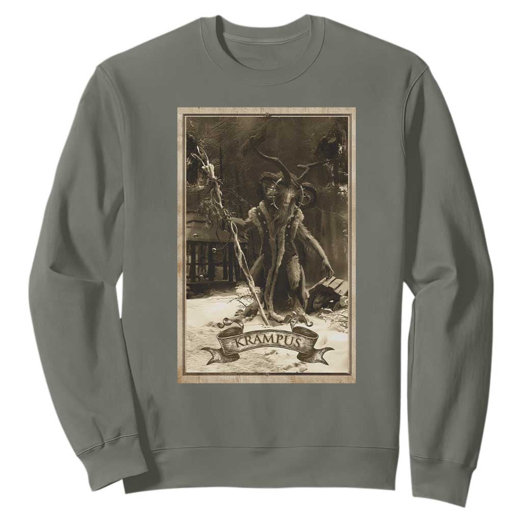 Christmas Krampus Sweatshirt Xmas Horror Ugly Sweater Krampus Tarot Card Evil Pajama TS10 Military Green Print Your Wear