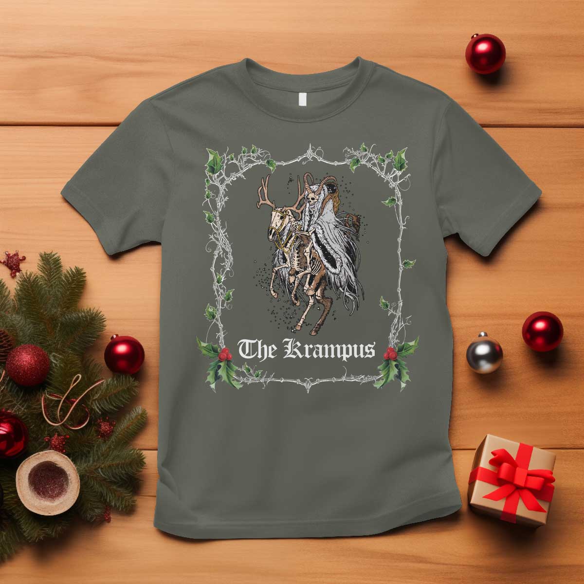 Christmas Krampus T Shirt Goth Xmas Krampus Reindeer Skull Ugly Sweater Evil Pajama TS10 Military Green Print Your Wear